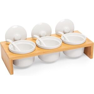 White Ceramic Condiment Set with Bamboo Tray